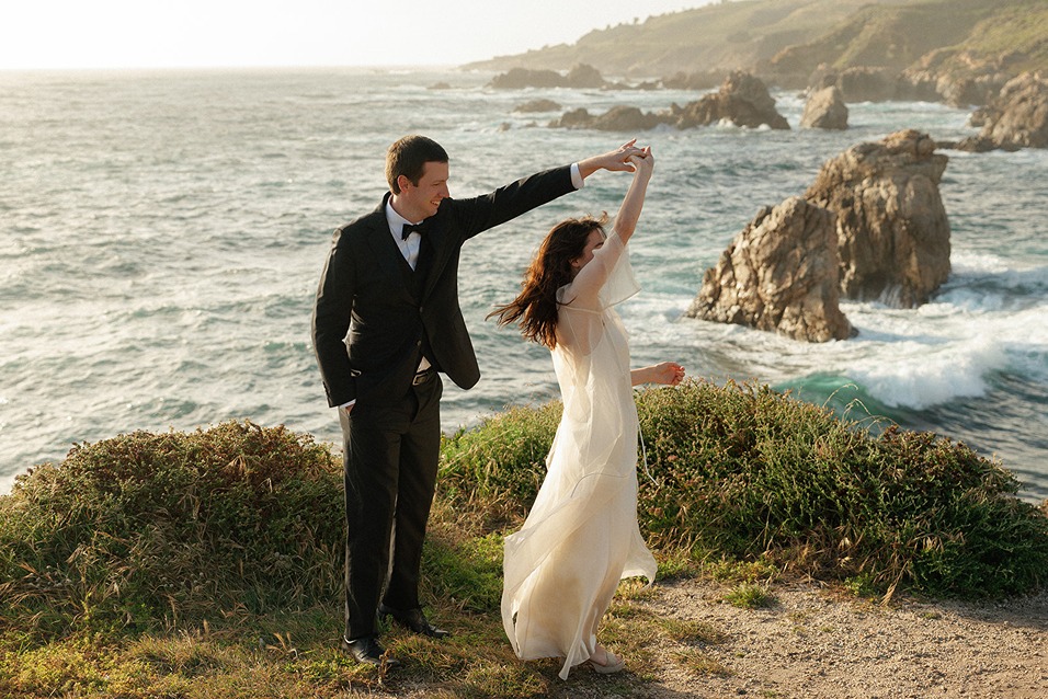 Bride’s dress flowing in wind during an elopement