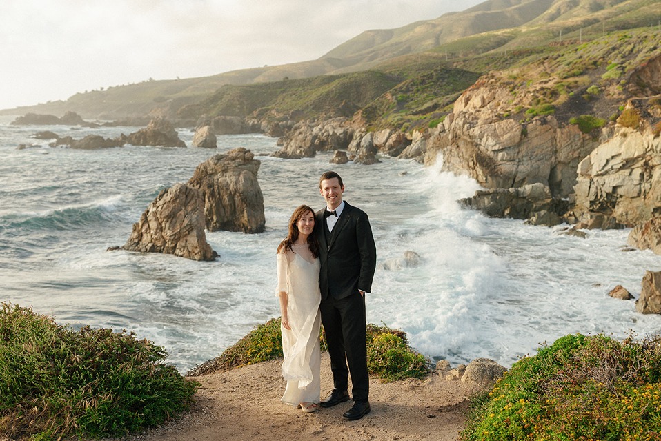Bride and groom portrait overlooking Big Sur coastline