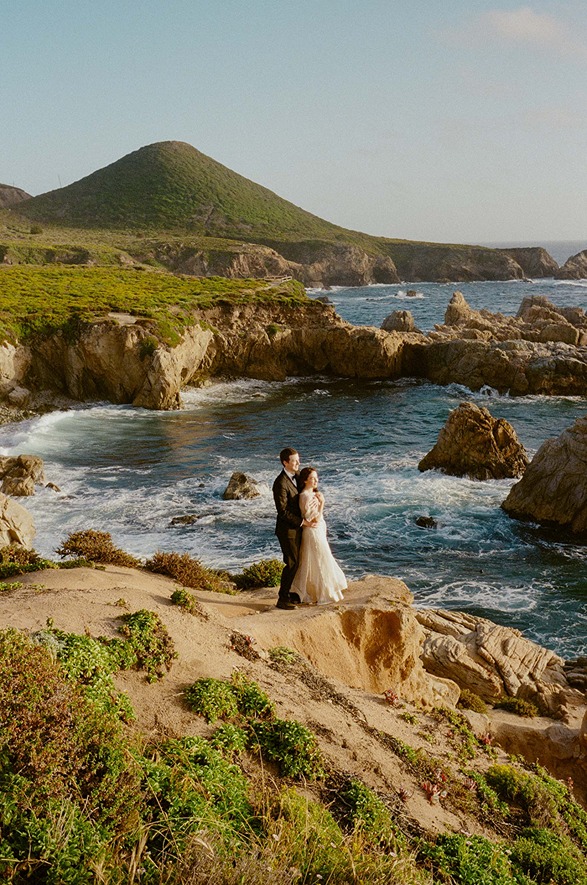 Film image of couple embracing during Big Sur elopement