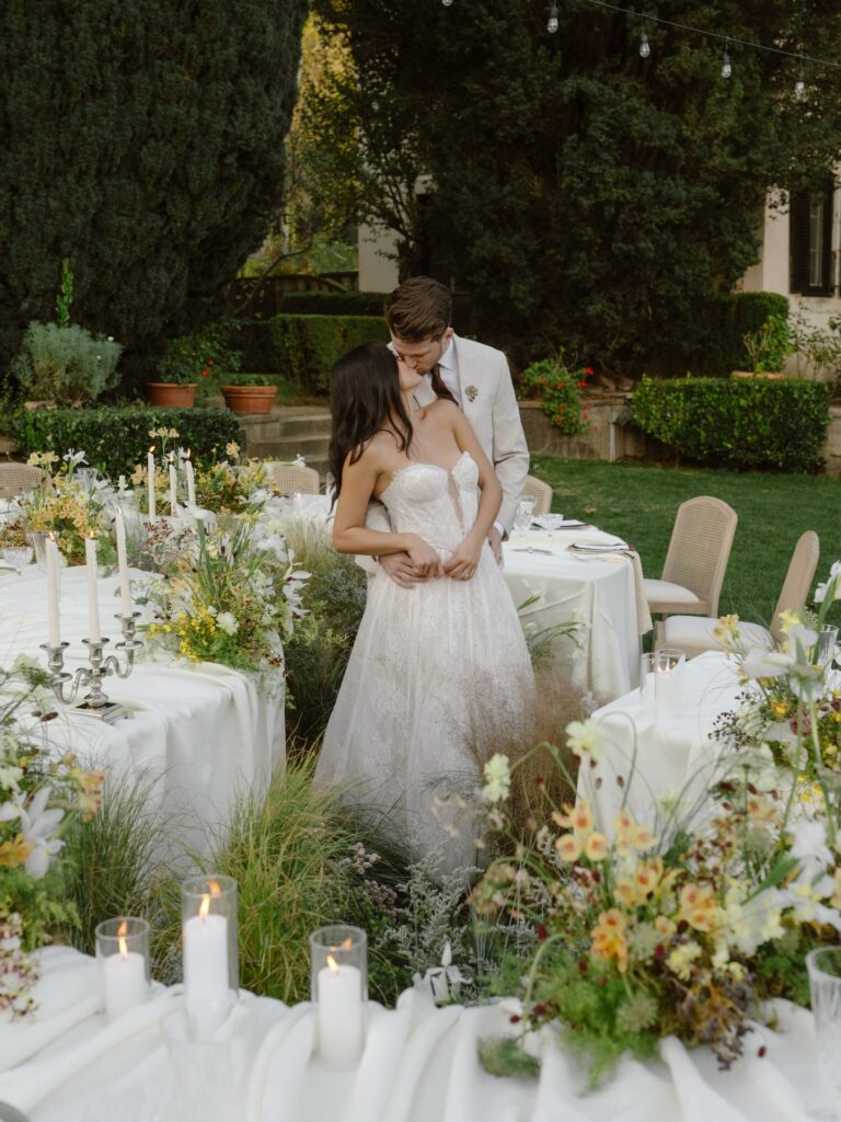 Romantic reception portraits at one of the most elegant San Francisco Bay Area intimate wedding venues with garden-inspired tablescapes and candlelight.