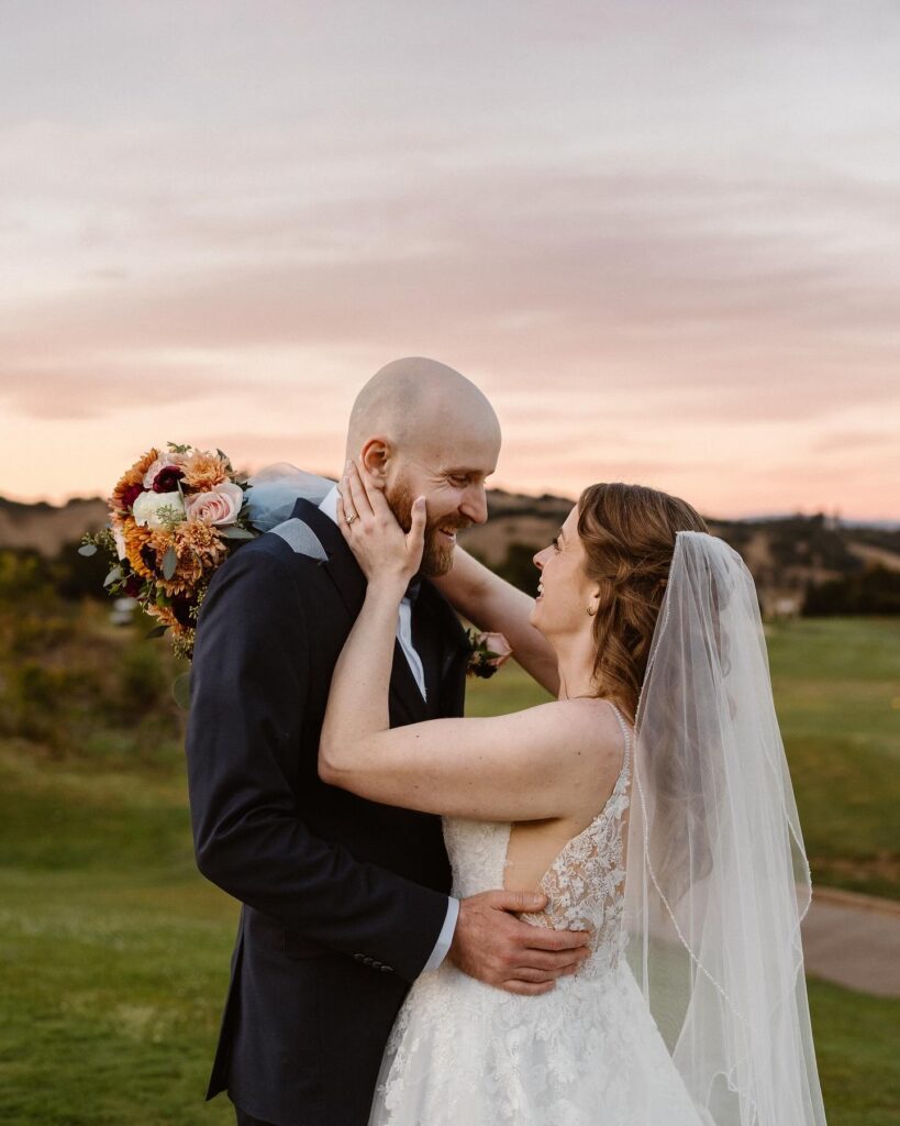 Golden hour portraits at a small San Francisco wedding venue with rolling hills, vineyard views, and an intimate celebration.
